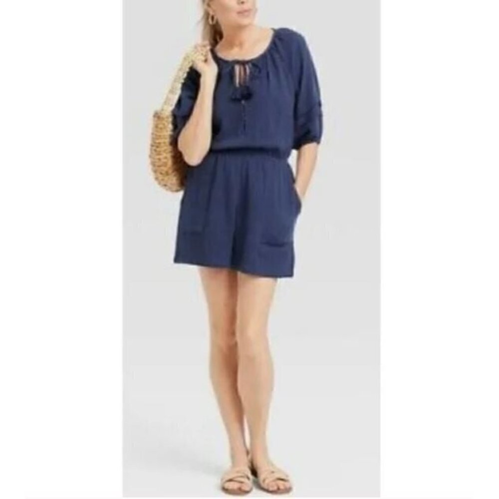 Knox Rose Romper Womens Medium Puff Sleeve Tassel Tie Neck Blue Cotton Gauze